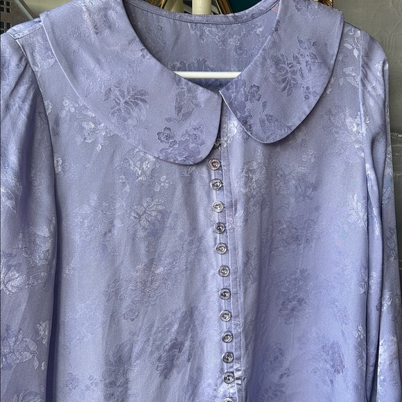 Vintage Lavender Satin Jacquard Peter Pan Collar Blouse Button Front Top - Picture 2 of 8